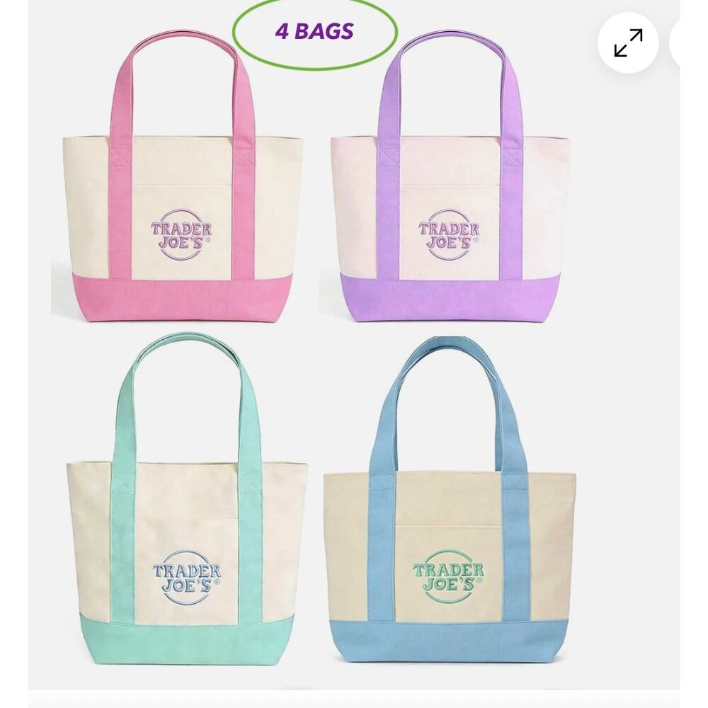 Trader Joe's NWT 2026 Pastel Mini Tote Set of 4 Pink, Blue, Mint Green Lavendar